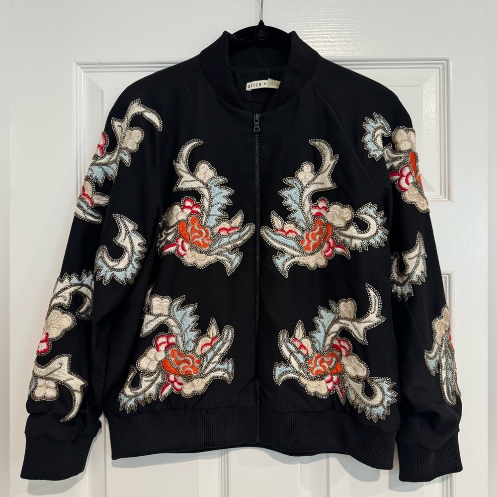 Alice + Olivia Black Silk Bomber Jacket with Embroidery & Beading